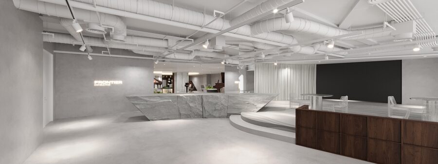 名古屋市オフィス移転プロジェクトで製作した擬岩ロックワークの受付テーブル完成写真