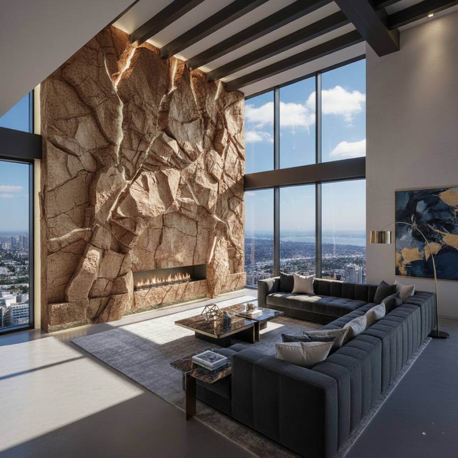 モルタル造形による擬岩ファサードの作例｜外構ロックワークで立ち止まる陰影を演出