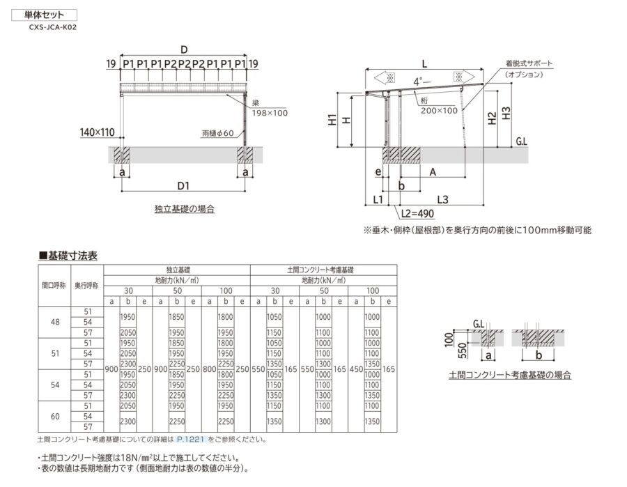 カーポート柱の独立基礎構造とYKK施工納まり参考図