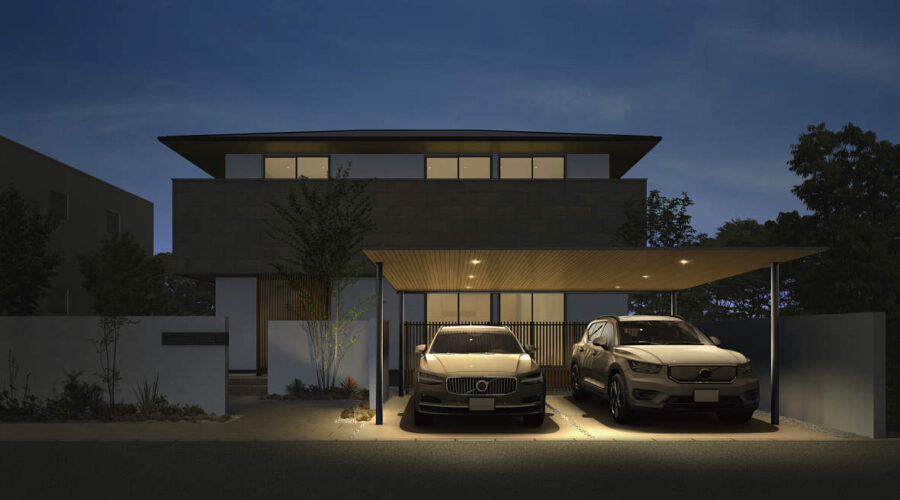 水平ラインが美しいプレーンルーフのカーポート。