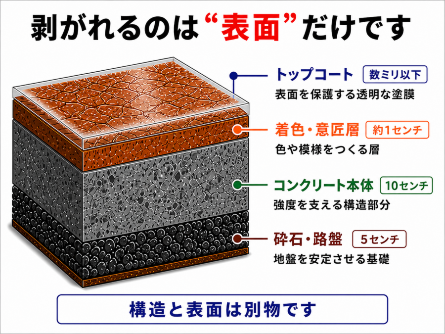 スタンプコンクリートの断面構造　下地・コンクリート本体・着色層・保護層の関係